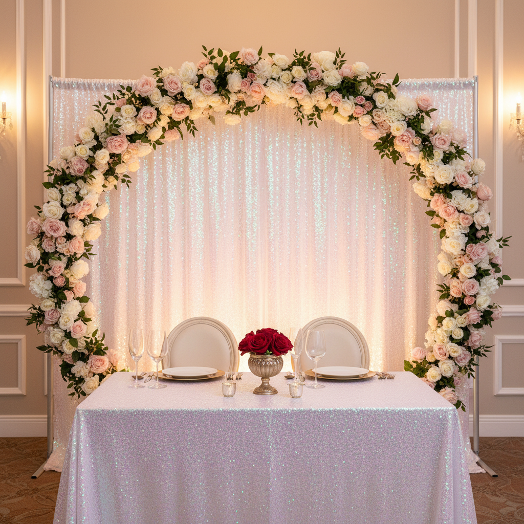 Glitz Sequin 12ft H x 52" W Drape/Backdrop panel - Iridescent White with round arch | flower premade runner 