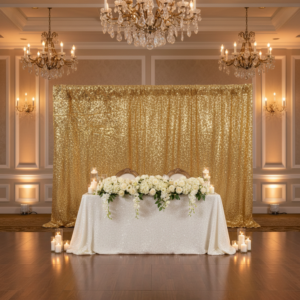 sweetheart table with Glitz Sequin 14ft H x 52" W Drape/Backdrop panel - Gold