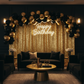 birthday lounge with Glitz Sequin 14ft H x 52" W Drape/Backdrop panel - Gold