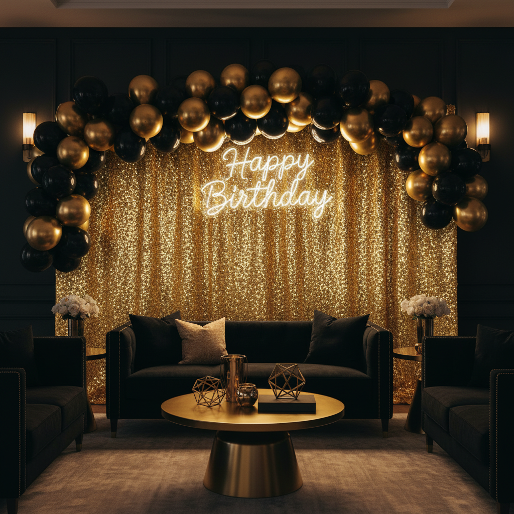 birthday lounge with Glitz Sequin 14ft H x 52" W Drape/Backdrop panel - Gold