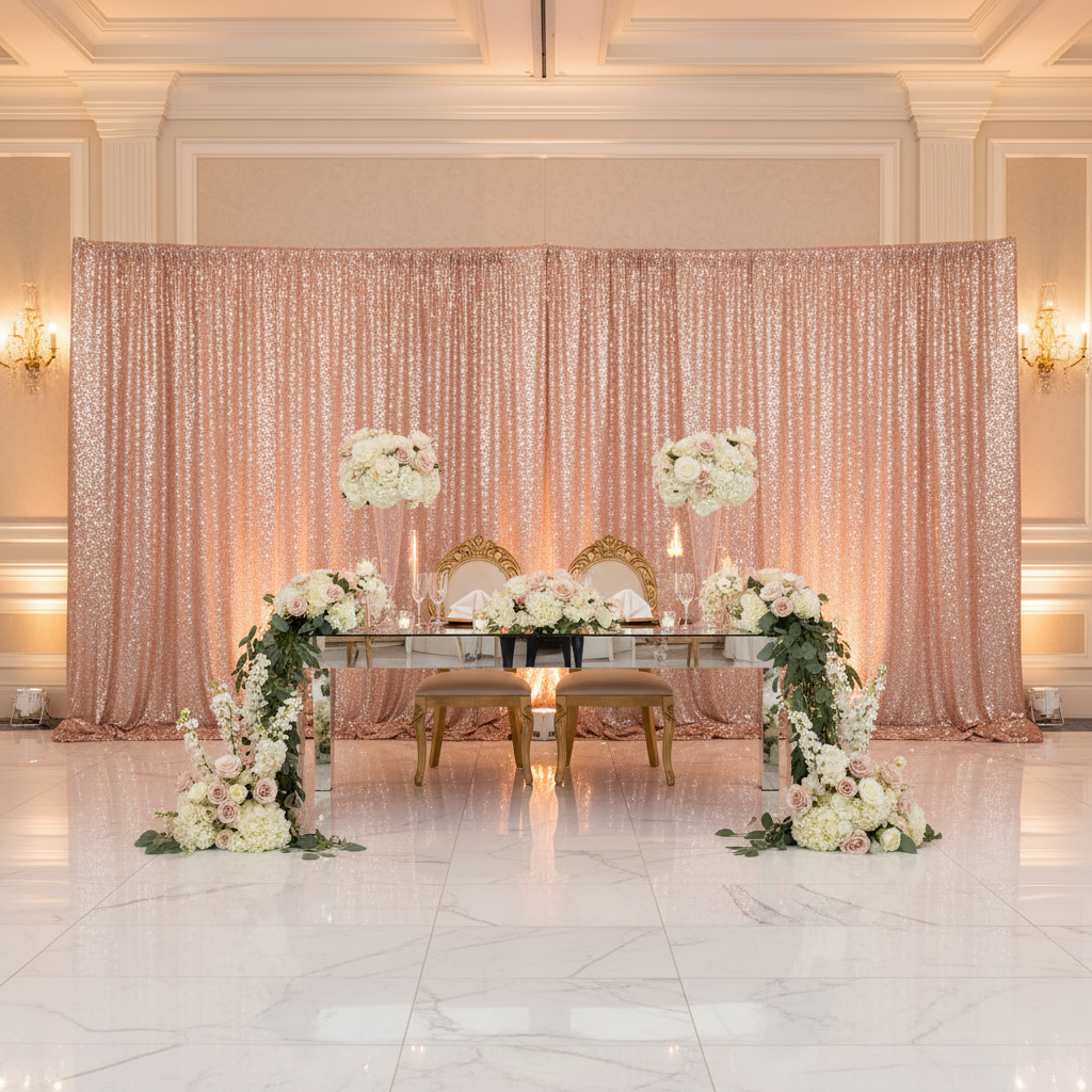 Glitz Sequin 14ft H x 52" W Drape/Backdrop panel - Blush/Rose Gold | uprights | bases | crossbars |