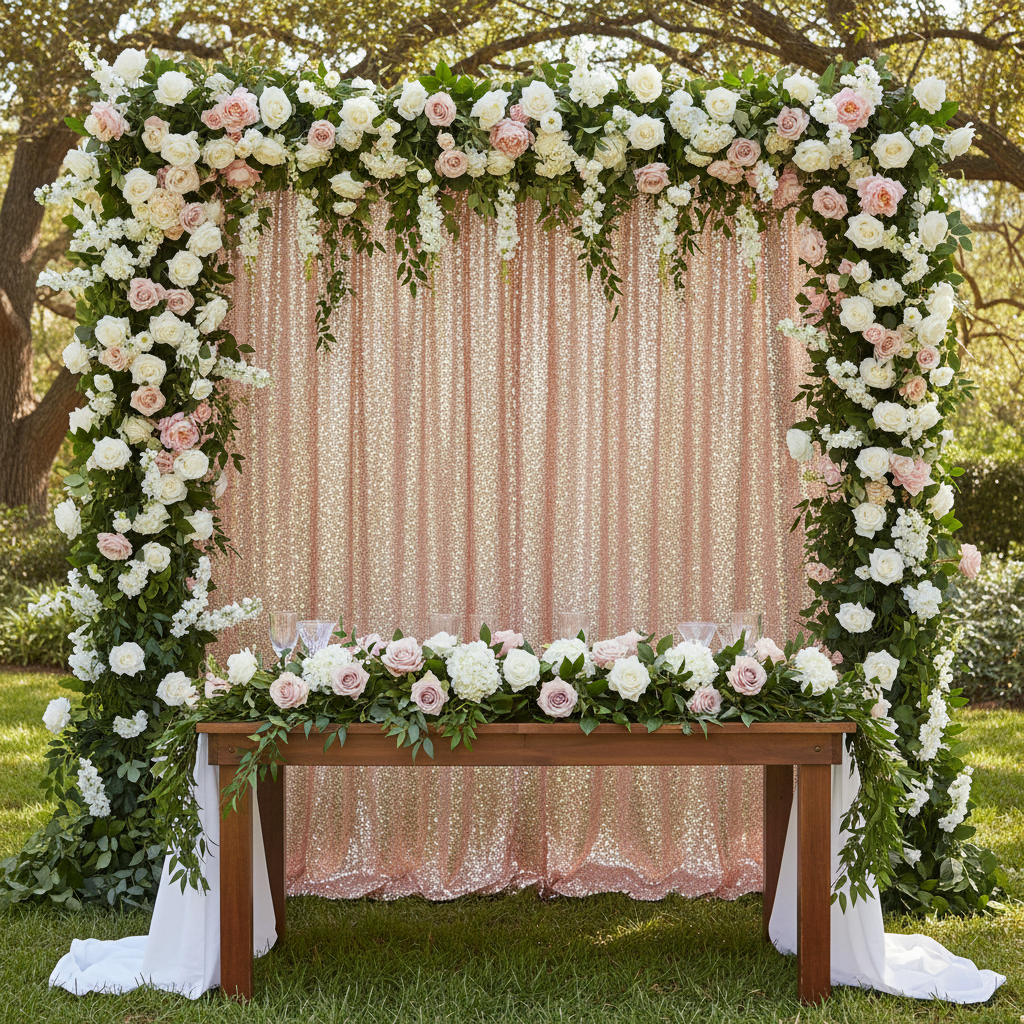 Glitz Sequin 14ft H x 52" W Drape/Backdrop panel - Blush/Rose Gold | upright | base | crossbar | flower premade runner |