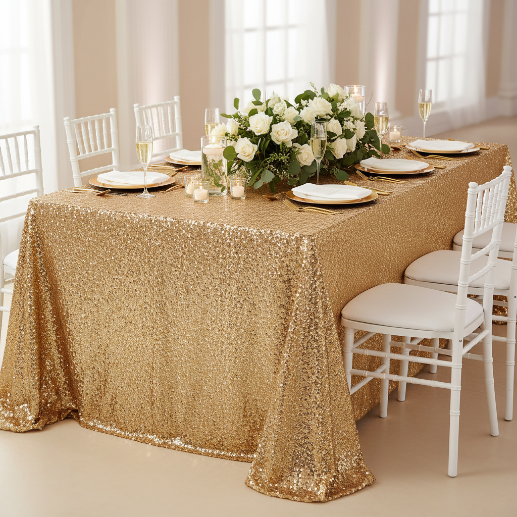 wedding table setup using Glitz Sequin 90"x132" Rectangular Tablecloth - Gold with white chiavari chairs and gold charger plate