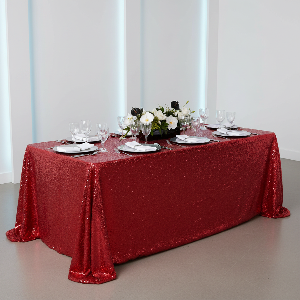 Glitz Sequin 90"x132" Rectangular Tablecloth - Red with silver charger plate | white napkin | wine goblets