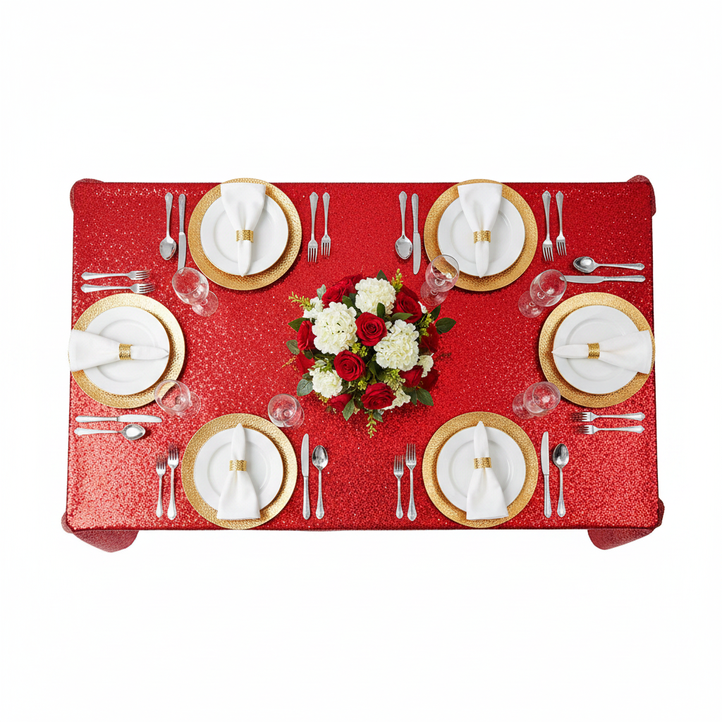 Glitz Sequin 90"x132" Rectangular Tablecloth - Red with gold charger plate | white napkin | wine goblets | napkin ring