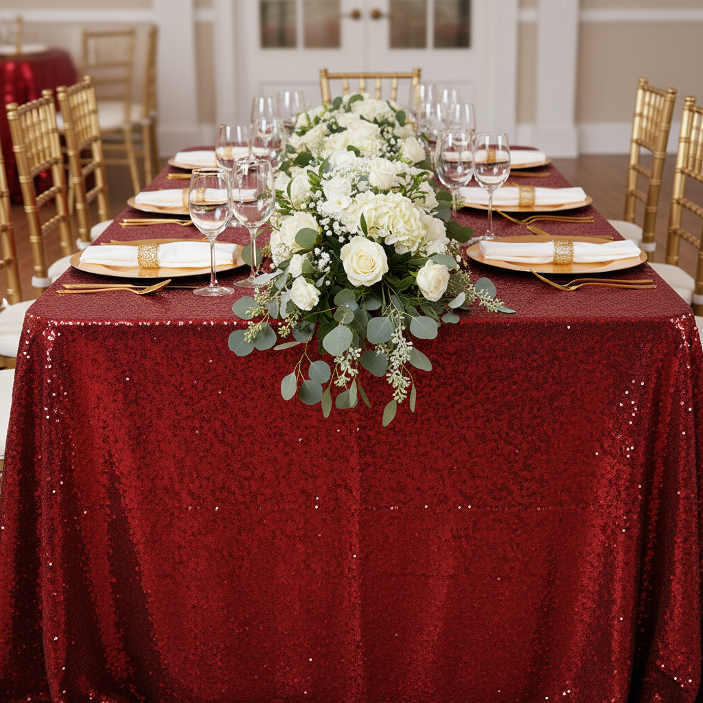 Glitz Sequin 90"x156" Rectangular Tablecloth - Apple Red with flower premade runner | gold charger plate | white napkin | napkin ring | wine goblets