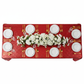 Glitz Sequin 90"x156" Rectangular Tablecloth - Apple Red with flower premade runner | white dinner plate | wine goblets