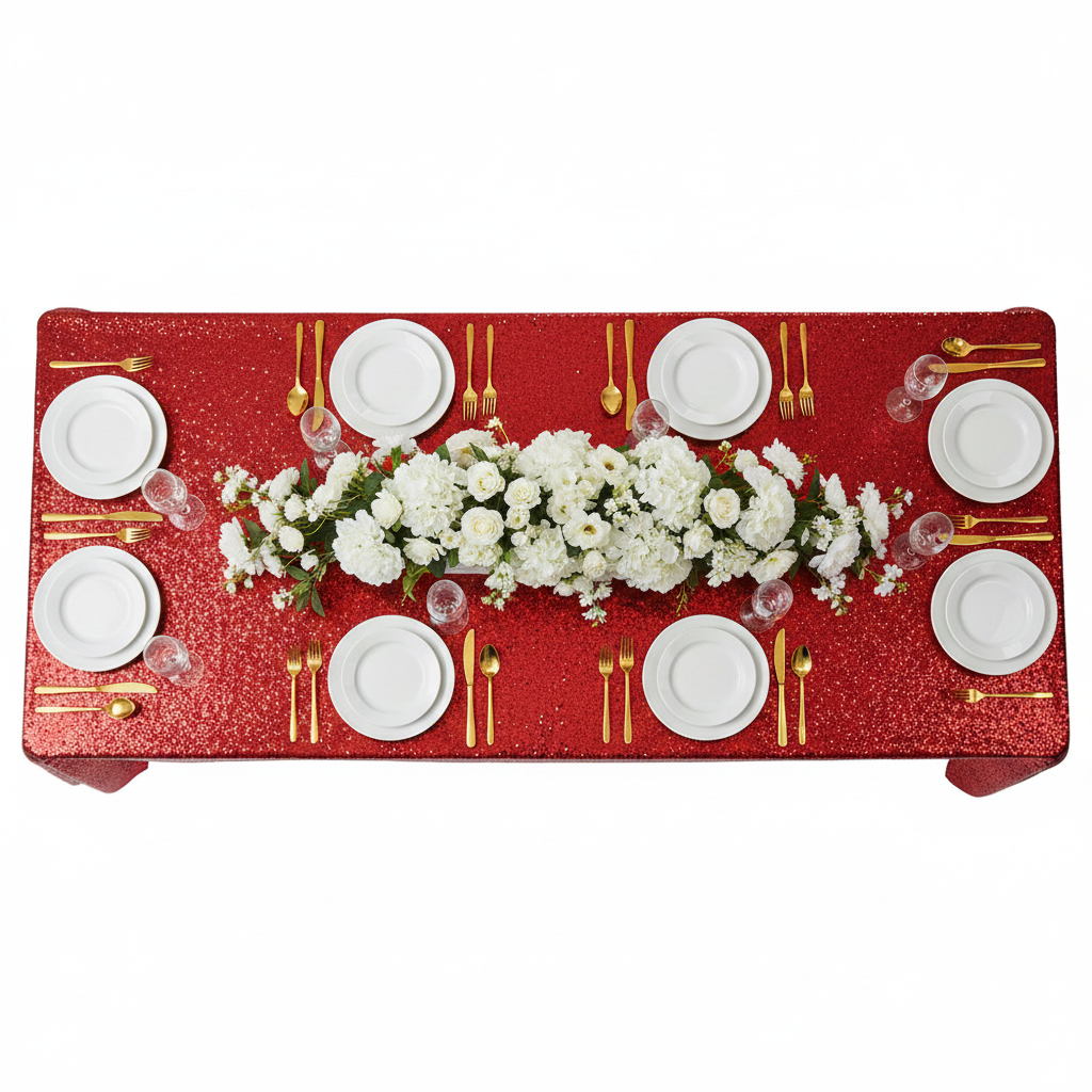 Glitz Sequin 90"x156" Rectangular Tablecloth - Apple Red with flower premade runner | white dinner plate | wine goblets