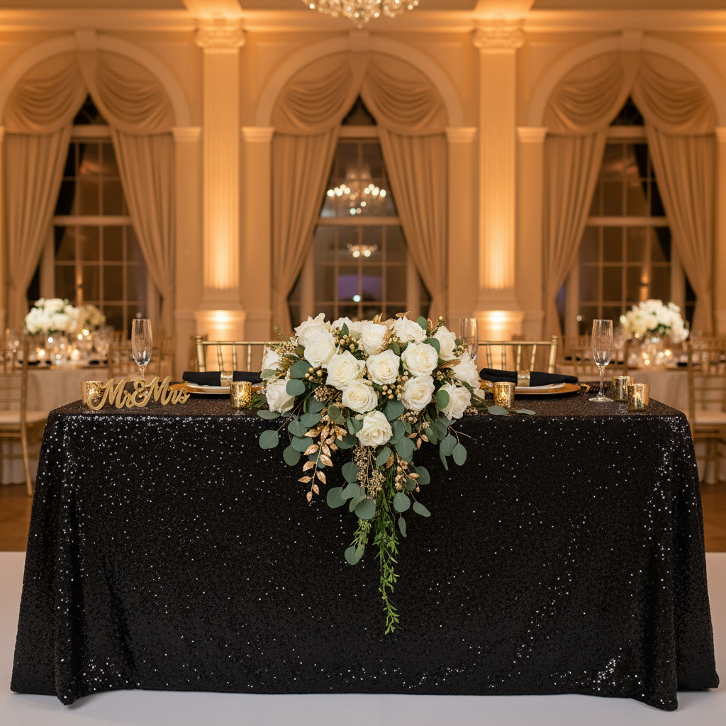 wedding sweetheart table with Glitz Sequin 90"x156" Rectangular Tablecloth - Black