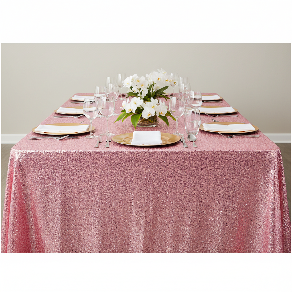 Glitz Sequin 90"x156" Rectangular Tablecloth - Pink | charger plate | wine goblets | napkin |