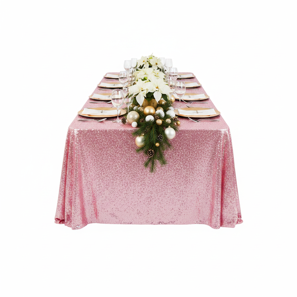 Glitz Sequin 90"x156" Rectangular Tablecloth - Pink | flower premade runner | charger plate | 