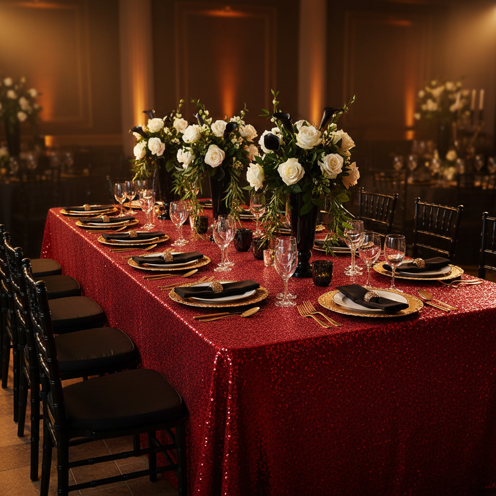 Glitz Sequin 90"x156" Rectangular Tablecloth - Red with gold charger plate | white dinner plate | black napkin | black chiavari chair | wine goblets