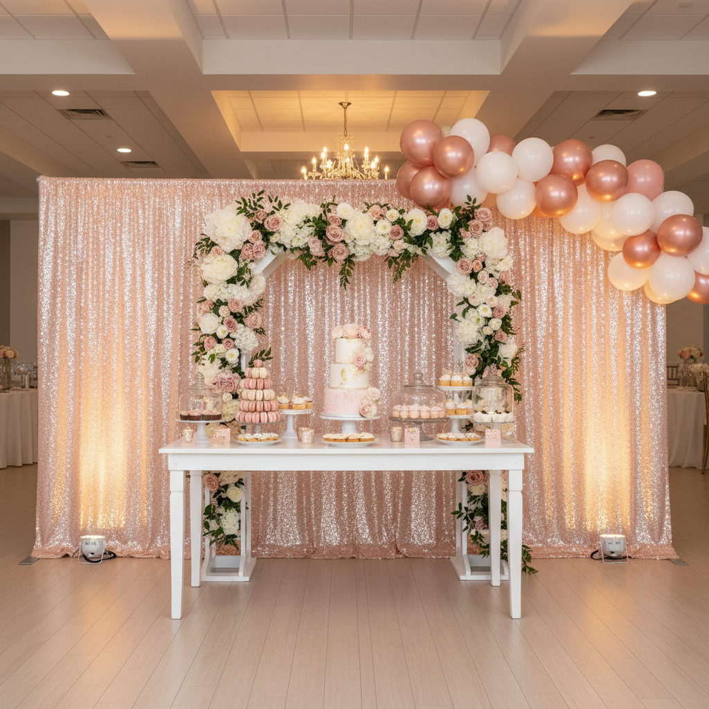 bridal shower with Glitz Sequin Mesh Net 10ft H x 52" W Drape/Backdrop panel - Blush/Rose Gold