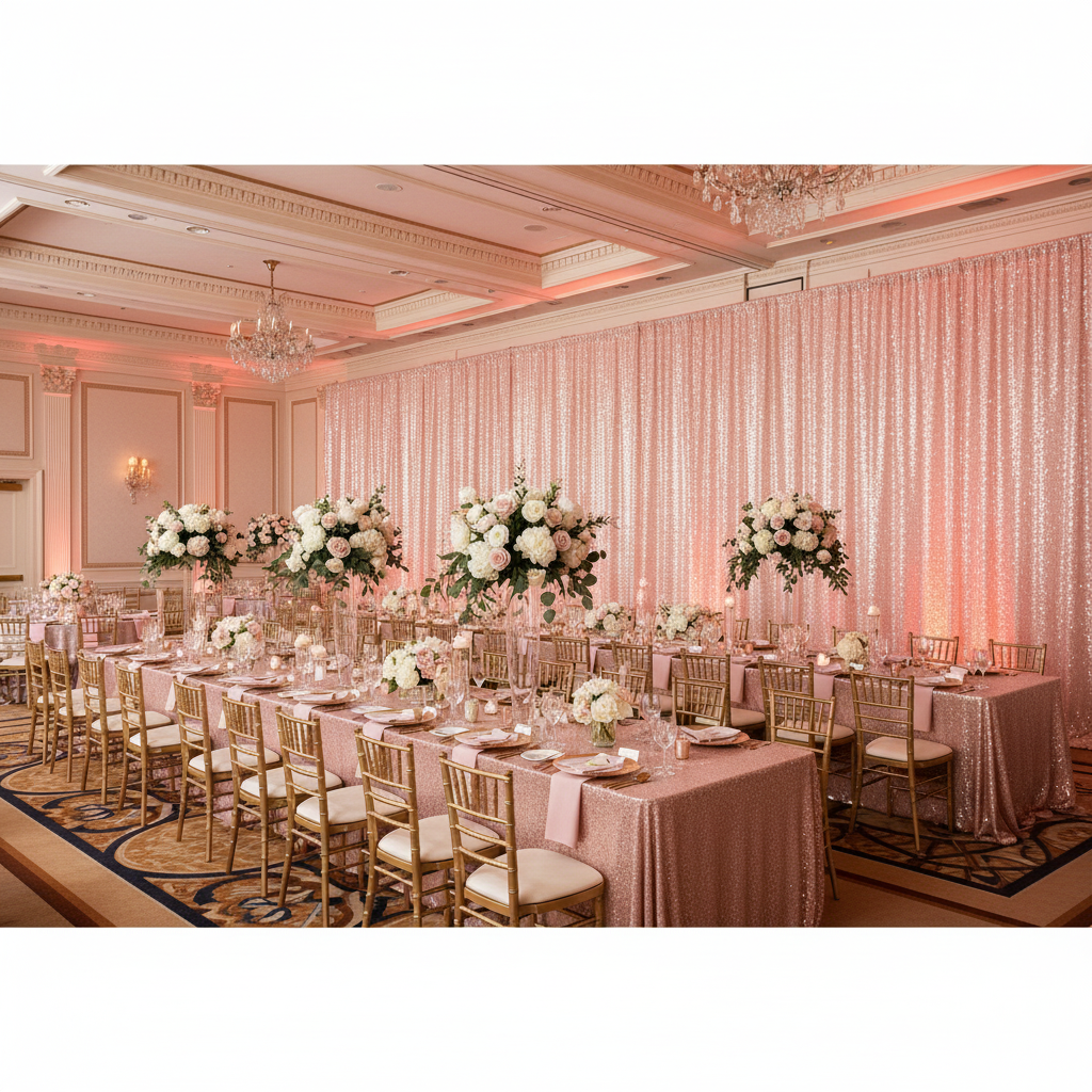 anniversary indoor setup with Glitz Sequin Mesh Net 10ft H x 52" W Drape/Backdrop panel - Blush/Rose Gold
