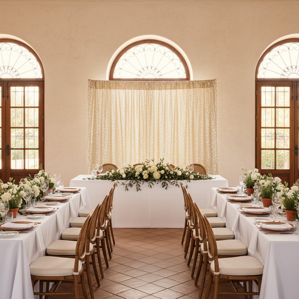 indoor mediterranean with Glitz Sequin Mesh Net 10ft H x 52" W Drape/Backdrop panel - Champagne