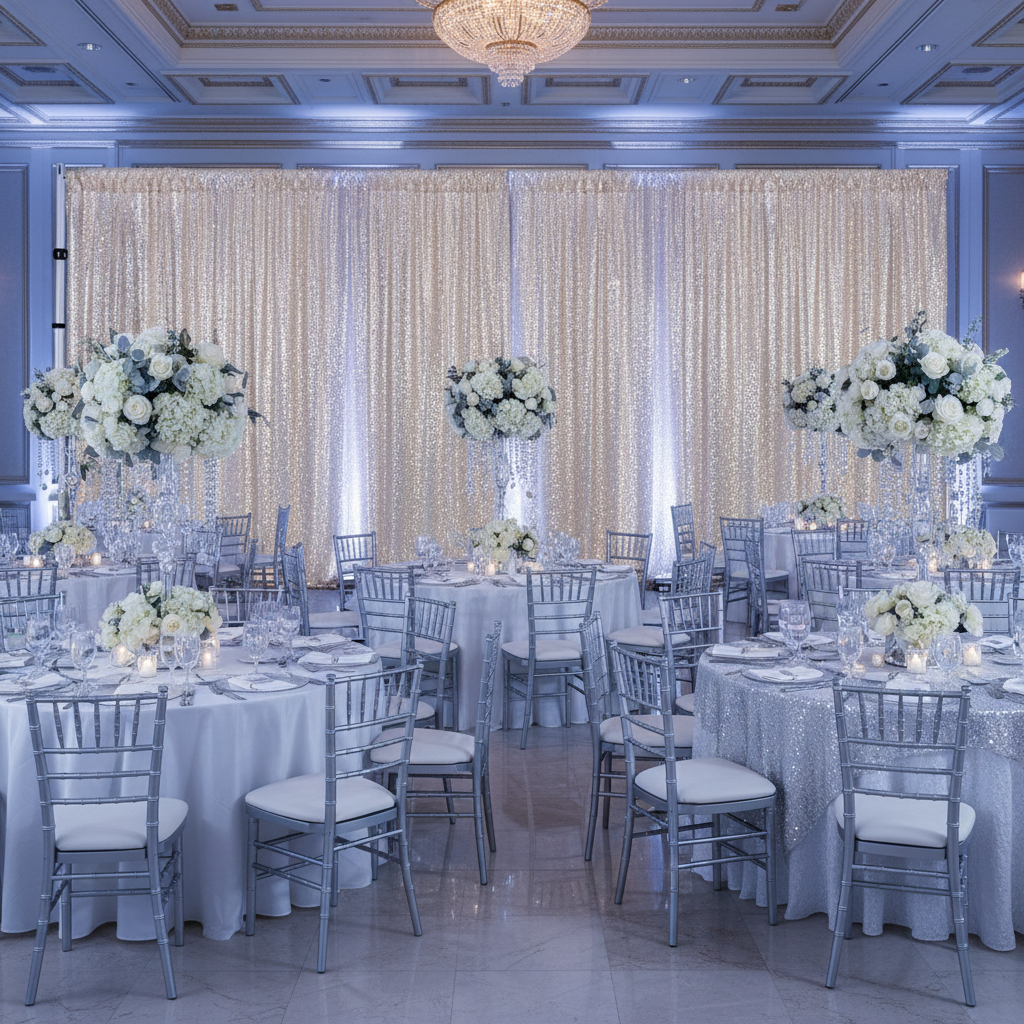 winter wonderland holiday setup with Glitz Sequin Mesh Net 10ft H x 52" W Drape/Backdrop panel - Champagne