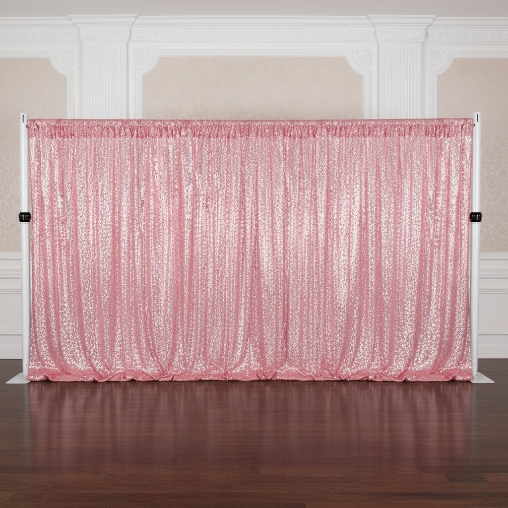 full sequin wall indoor setup with Glitz Sequin Mesh Net 10ft H x 52" W Drape/Backdrop panel - Pink