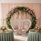 indoor bridal shower reception with Glitz Sequin Mesh Net 10ft H x 52" W Drape/Backdrop panel - Pink