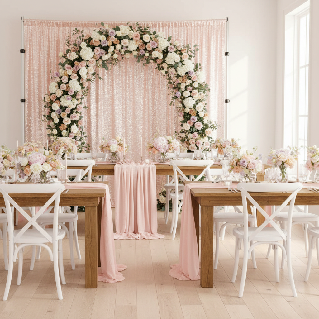 bridal shower brunch with Glitz Sequin Mesh Net 12ft H x 52" W Drape/Backdrop panel - Blush/Rose Gold