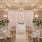 wedding reception with Glitz Sequin Mesh Net 12ft H x 52" W Drape/Backdrop panel - Blush/Rose Gold at the back of a sweetheart table