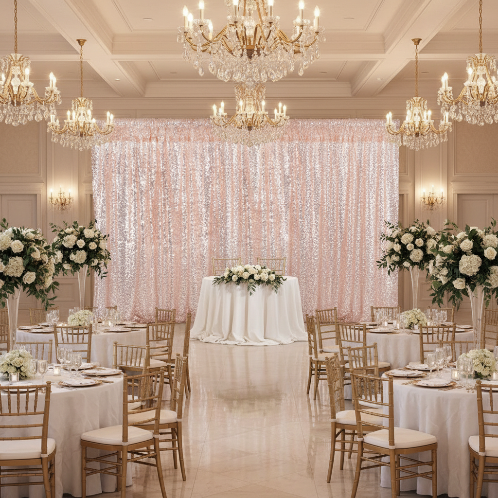 wedding reception with Glitz Sequin Mesh Net 12ft H x 52" W Drape/Backdrop panel - Blush/Rose Gold at the back of a sweetheart table