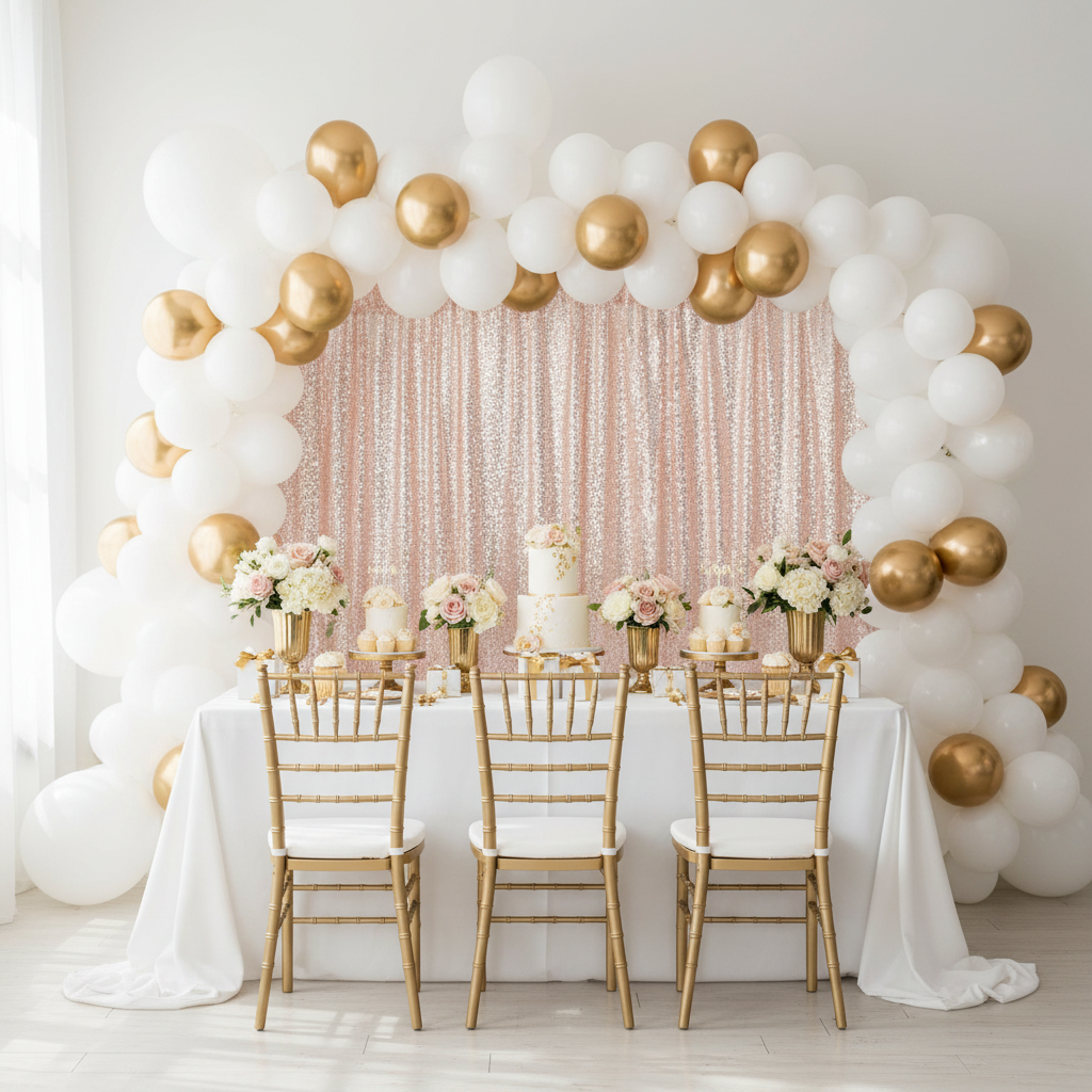 christening table setup with Glitz Sequin Mesh Net 12ft H x 52" W Drape/Backdrop panel - Blush/Rose Gold
