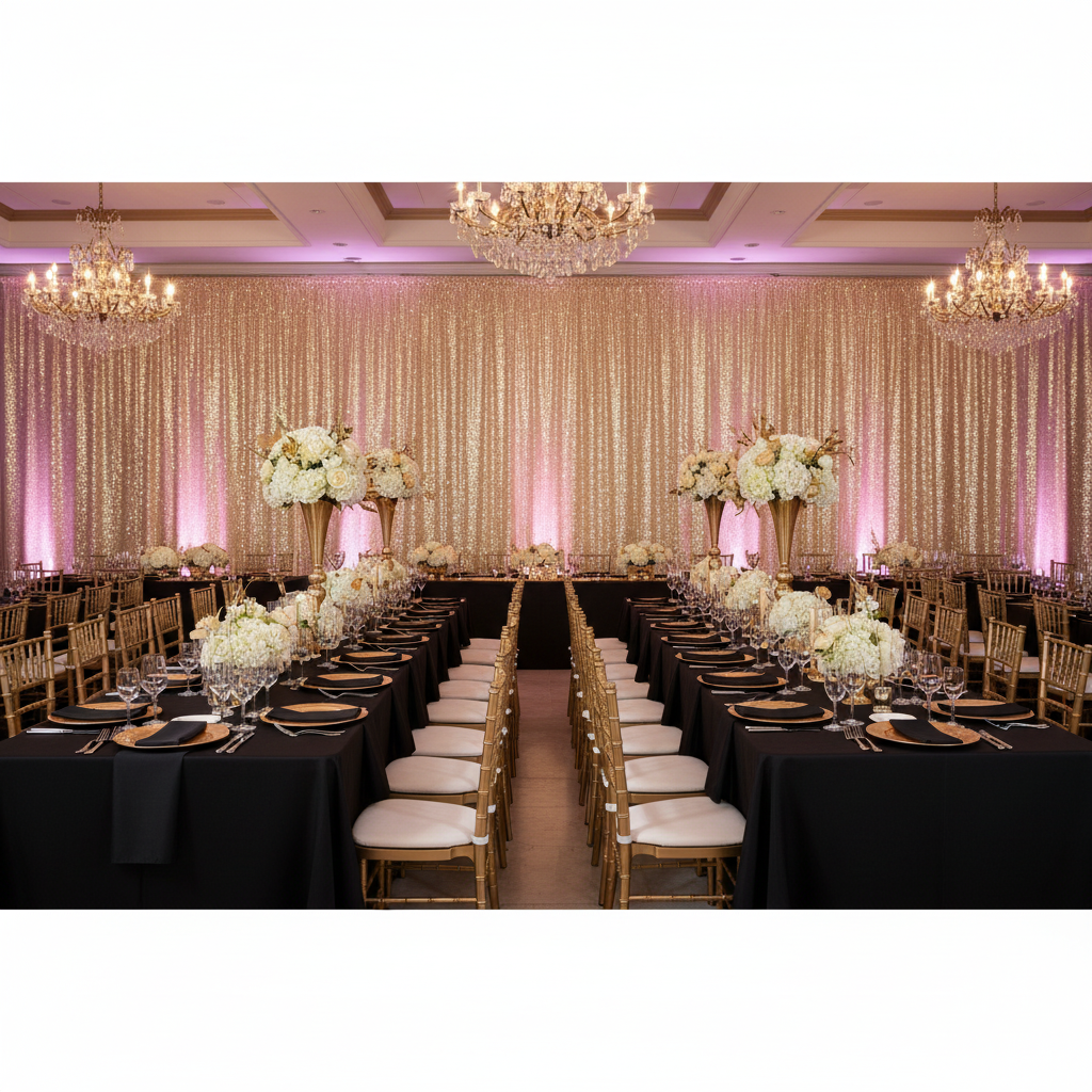 corporate gala with Glitz Sequin Mesh Net 12ft H x 52" W Drape/Backdrop panel - Champagne