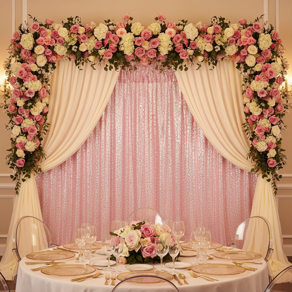 Glitz Sequin Mesh Net 12ft H x 52" W Drape/Backdrop panel - Pink