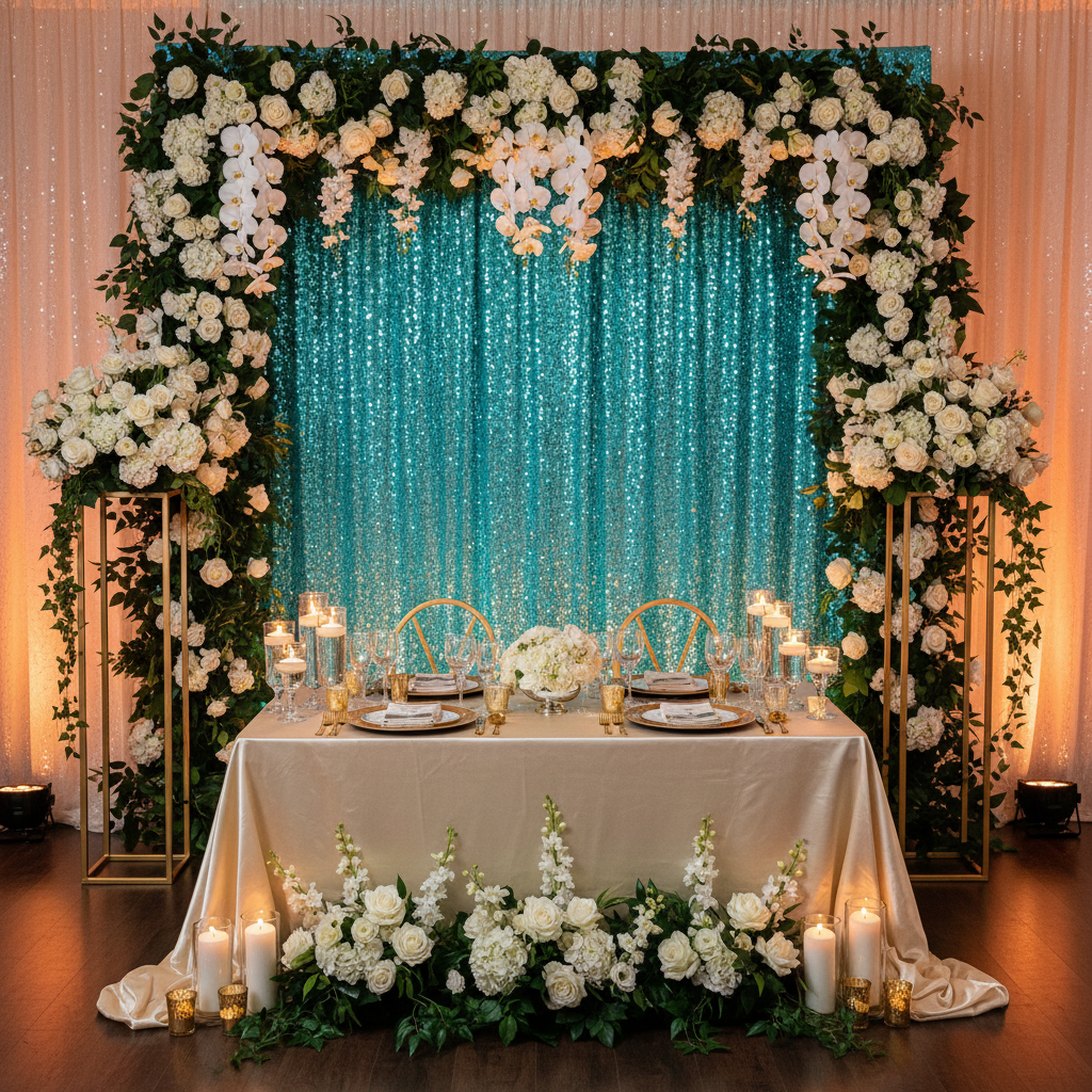 Glitz Sequin Mesh Net 12ft H x 52" W Drape/Backdrop panel - Turquoise