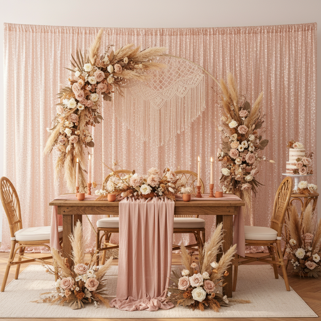 bridal shower with Glitz Sequin Mesh Net 14ft H x 52" W Drape/Backdrop panel - Blush/Rose Gold