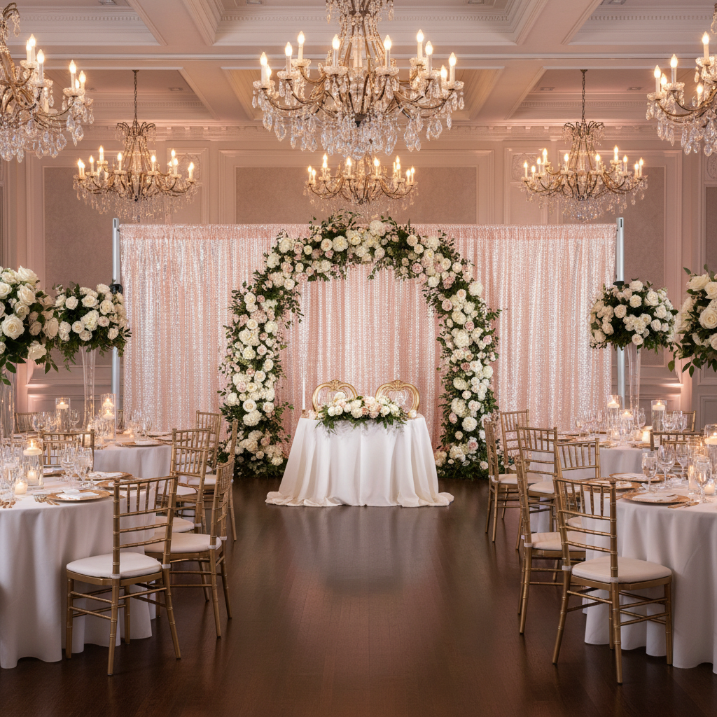 wedding indoor reception with Glitz Sequin Mesh Net 14ft H x 52" W Drape/Backdrop panel - Blush/Rose Gold