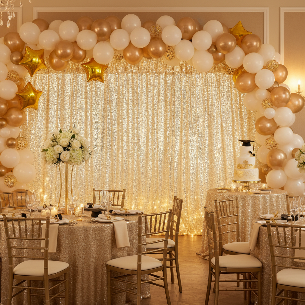 graduation dinner party with Glitz Sequin Mesh Net 14ft H x 52" W Drape/Backdrop panel - Champagne