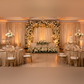 wedding indoor reception with Glitz Sequin Mesh Net 14ft H x 52" W Drape/Backdrop panel - Champagne
