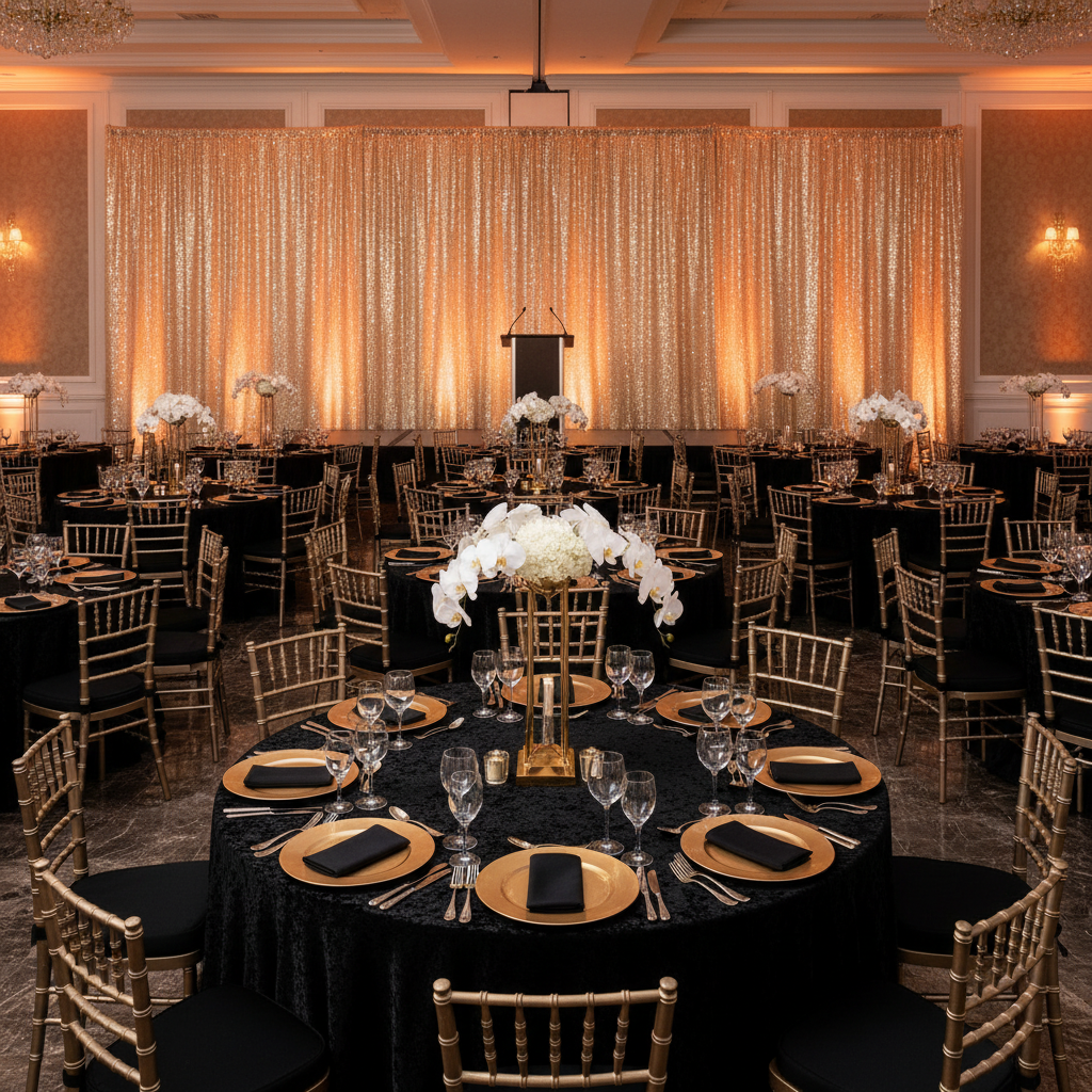 corporate awards night with Glitz Sequin Mesh Net 14ft H x 52" W Drape/Backdrop panel - Champagne