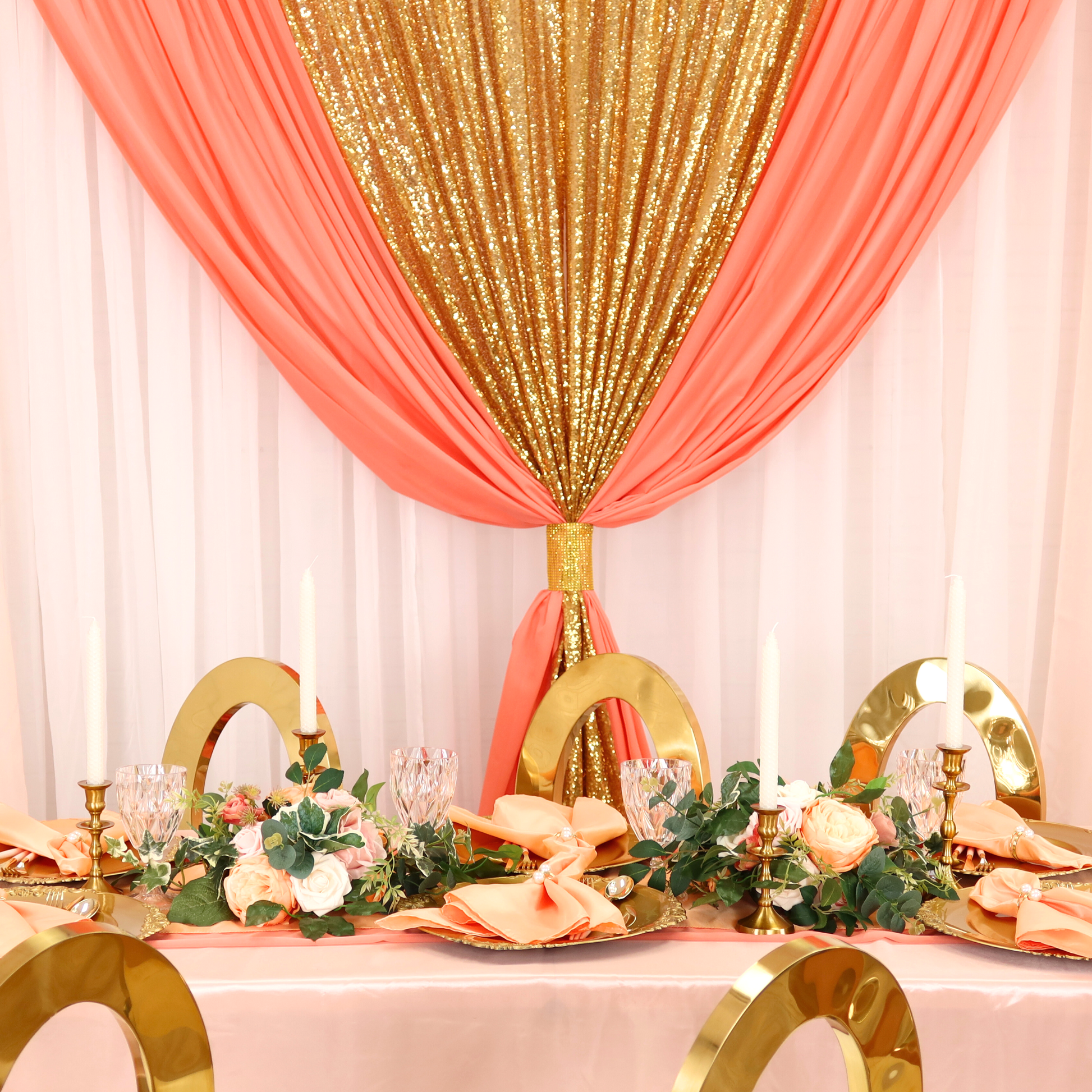 table mockup with detail of Glitz Sequin Mesh Net 14ft H x 52" W Drape/Backdrop panel - Gold