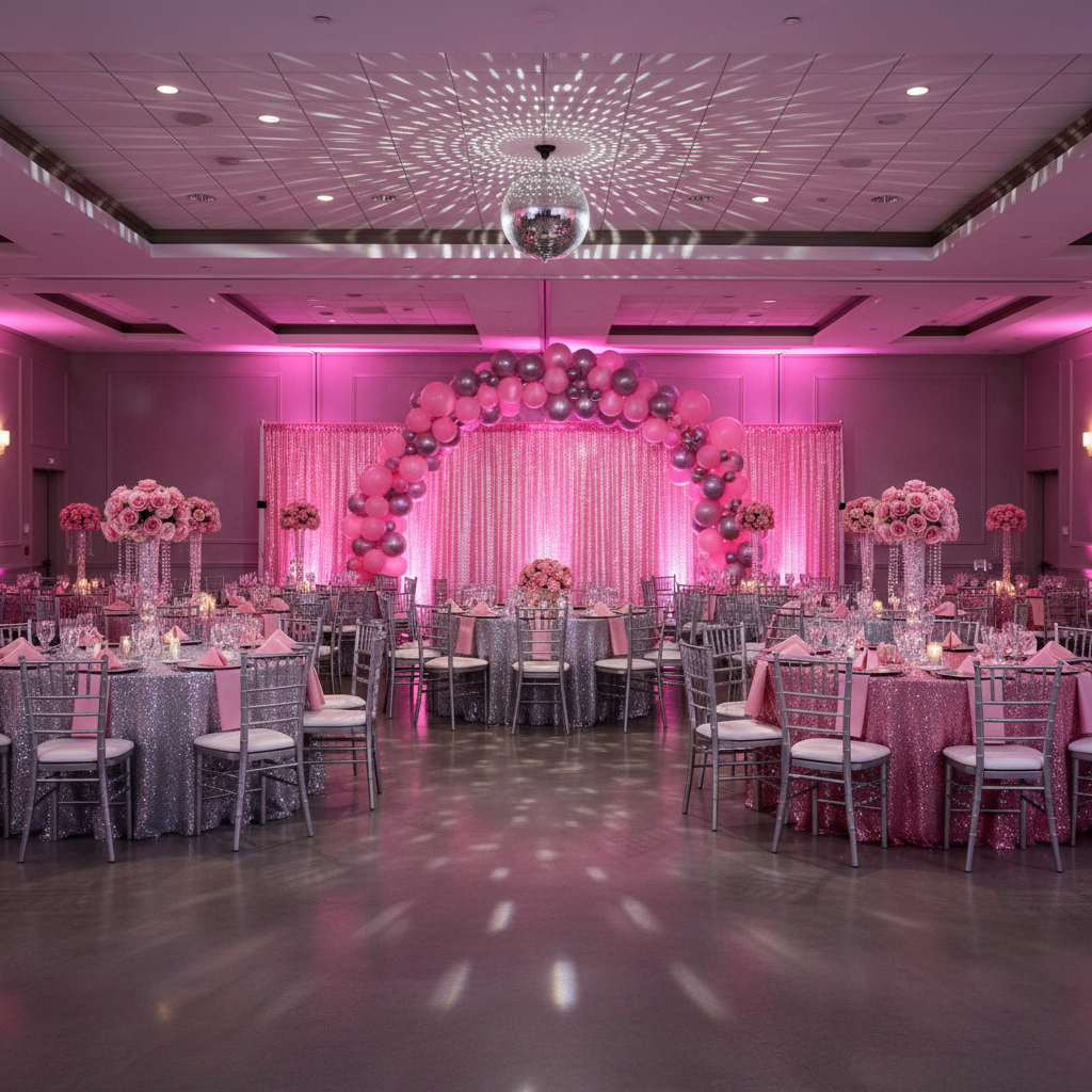pink and silver prom night with Glitz Sequin Mesh Net 14ft H x 52" W Drape/Backdrop panel - Pink