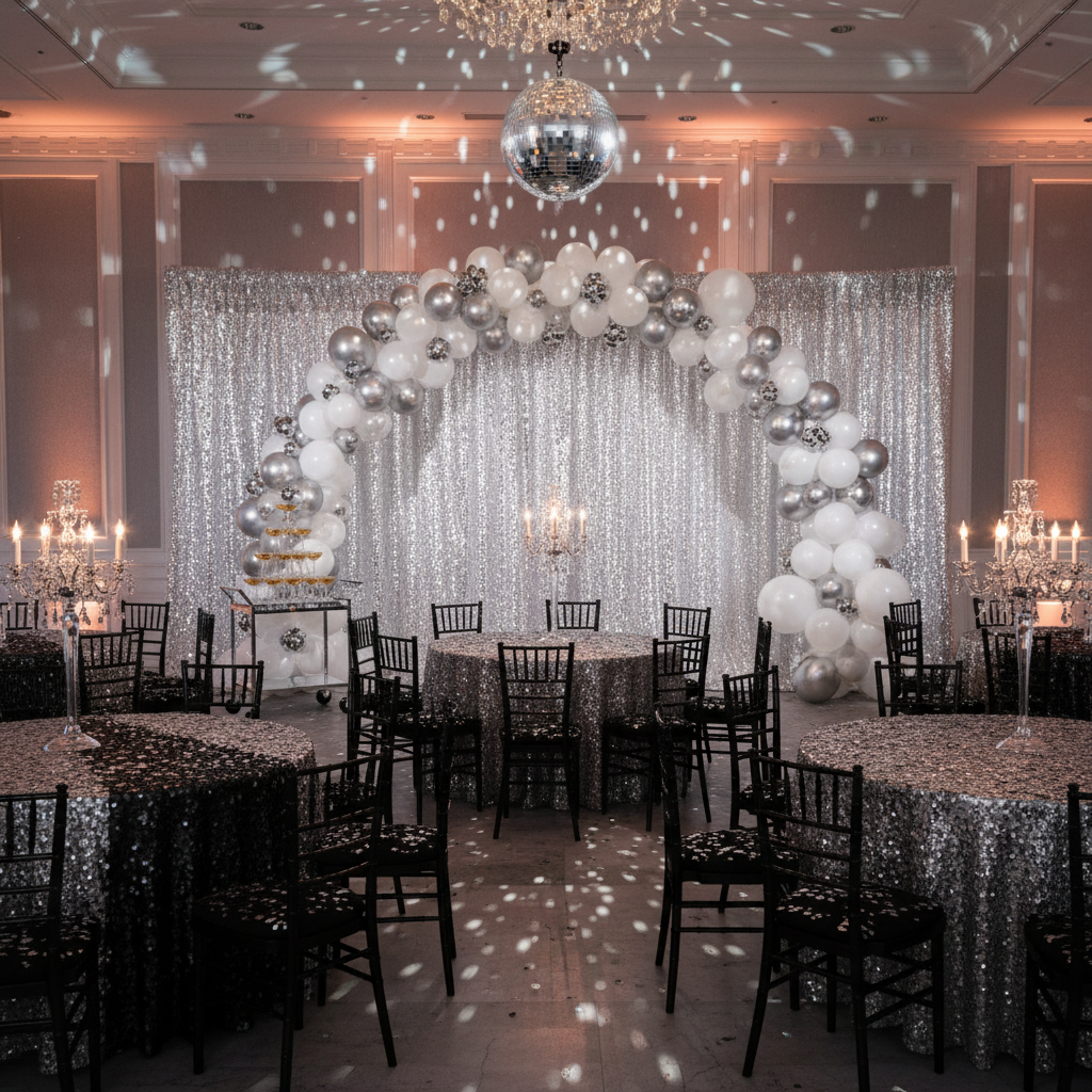 new years eve reception with Glitz Sequin Mesh Net 14ft H x 52" W Drape/Backdrop panel - Silver