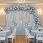 baby shower indoor setup with Glitz Sequin Mesh Net 14ft H x 52" W Drape/Backdrop panel - Silver