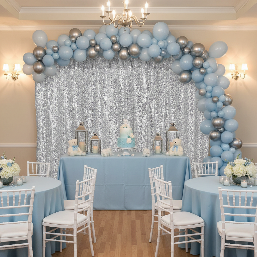 baby shower indoor setup with Glitz Sequin Mesh Net 14ft H x 52" W Drape/Backdrop panel - Silver