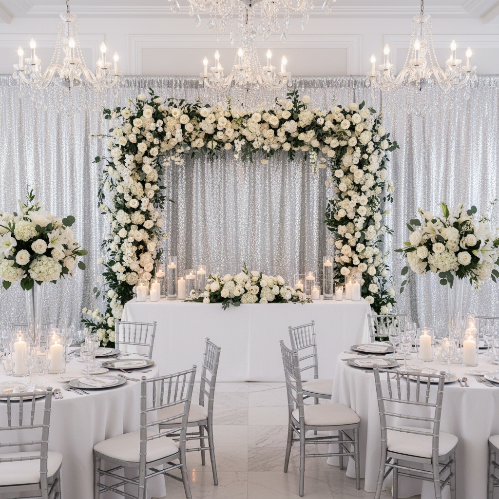 wedding reception and sweetheart table with Glitz Sequin Mesh Net 14ft H x 52" W Drape/Backdrop panel - Silver