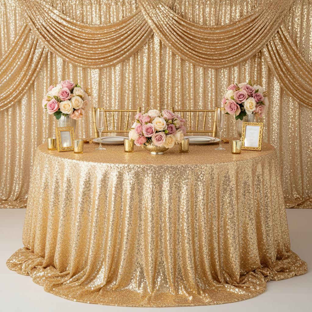 Glitz Sequin Mesh Net Fabric Roll Bolt 54"x10 yards - Gold used as diy backdrop swag for wedding reception