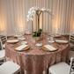 Glitz Sequin Mesh Net Table Overlay Topper 72"x72" Square - Blush/Rose Gold with gold charger plate | glass goblets | square centerpiece | white chiavari