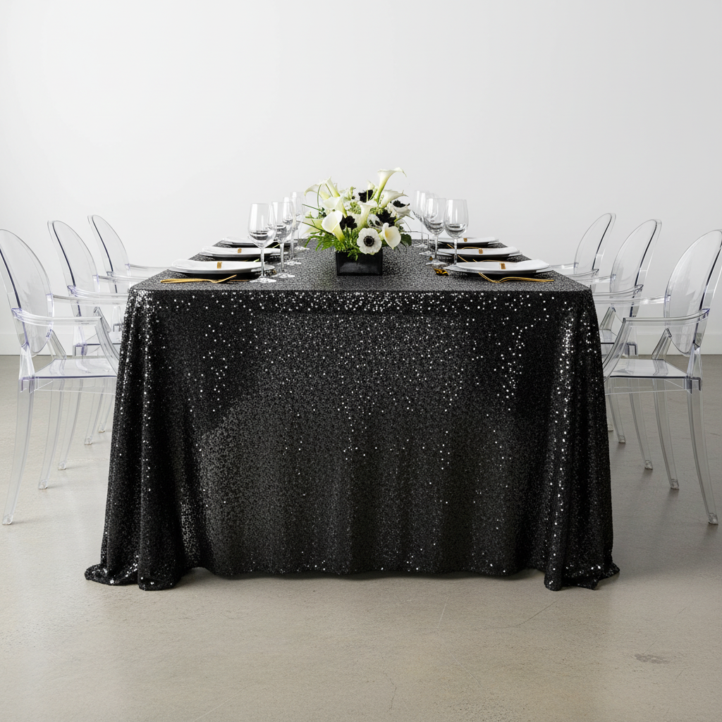 Glitz Sequin Mesh Net Tablecloth  90"x132" Rectangular -  Black with silver charger plate | white napkin | 
