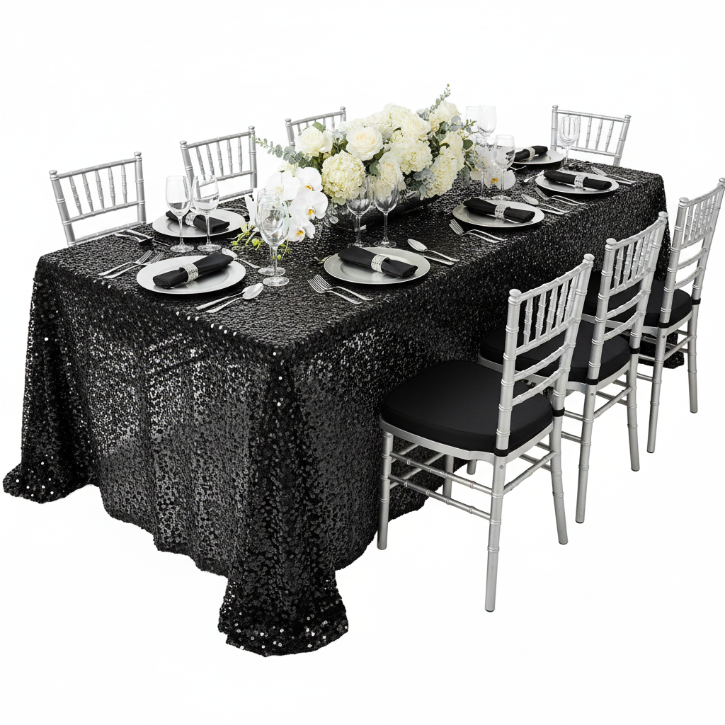 Glitz Sequin Mesh Net Tablecloth  90"x132" Rectangular -  Blacko with silver charger plate | black napkin | silver chiavari chair
