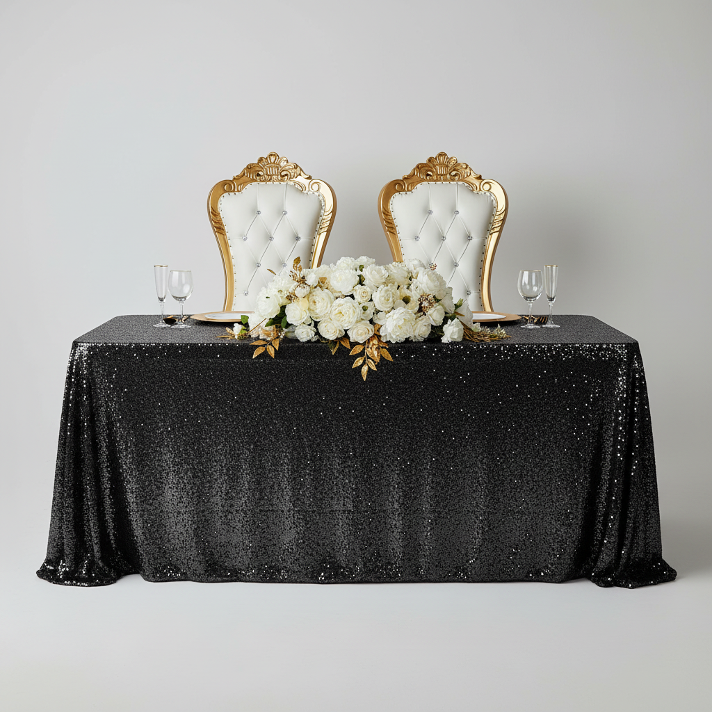 Glitz Sequin Mesh Net Tablecloth  90"x132" Rectangular -  Black with gold charger plate | white flower premade runner