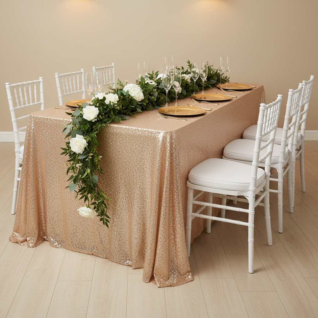 Glitz Sequin Mesh Net Tablecloth 90"x132" Rectangular - Champagne | flower premade runner | 