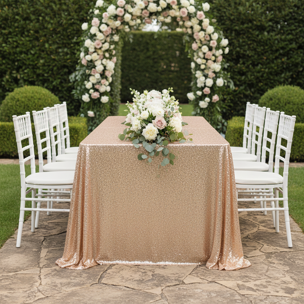 Glitz Sequin Mesh Net Tablecloth 90"x132" Rectangular - Champagne | flower premade runner | 