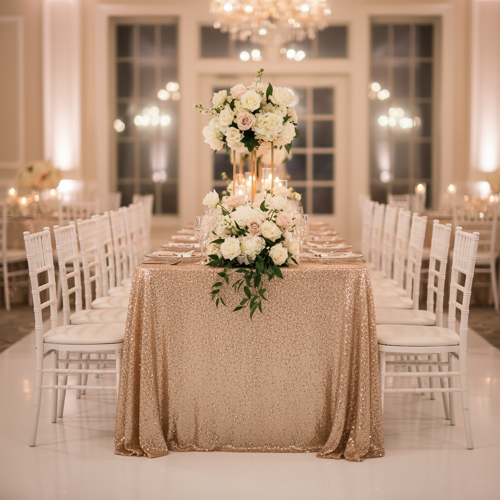 Glitz Sequin Mesh Net Tablecloth 90"x132" Rectangular - Champagne | flower premade runner | 