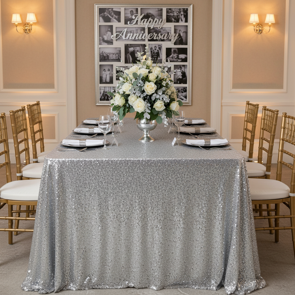 Glitz Sequin Mesh Net Tablecloth  90"x132" Rectangular -  Silver | charger plate | napkin | flower centerpiece