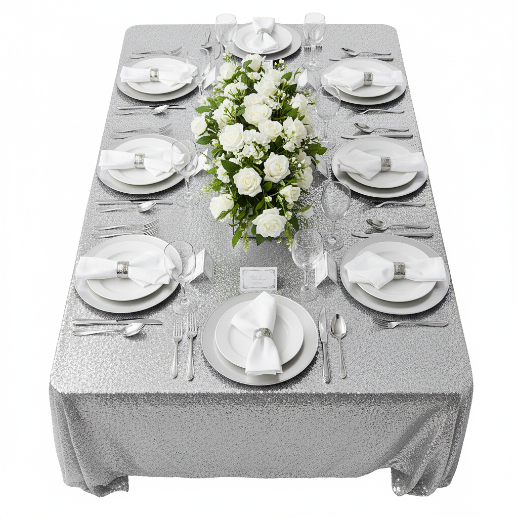 Glitz Sequin Mesh Net Tablecloth  90"x132" Rectangular -  Silver | charger plate | napkin | flower centerpiece